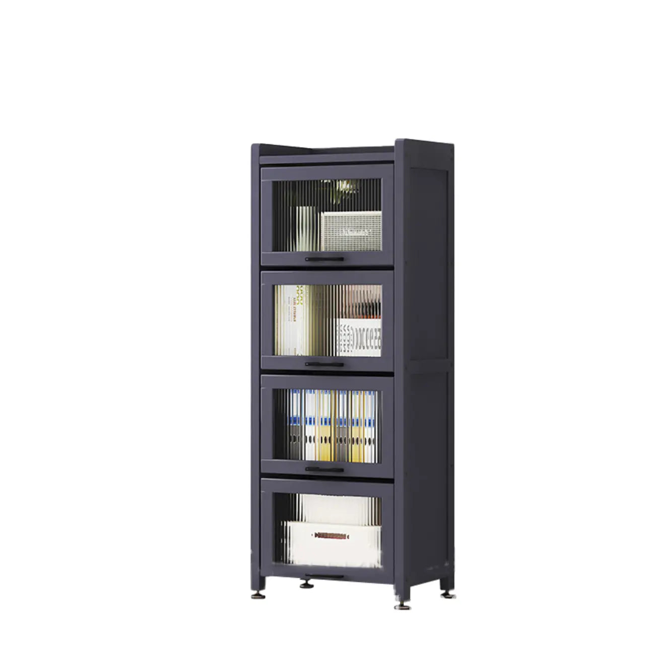 Bibliothèque de rangement étroite en bois gris à 5 niveaux avec portes