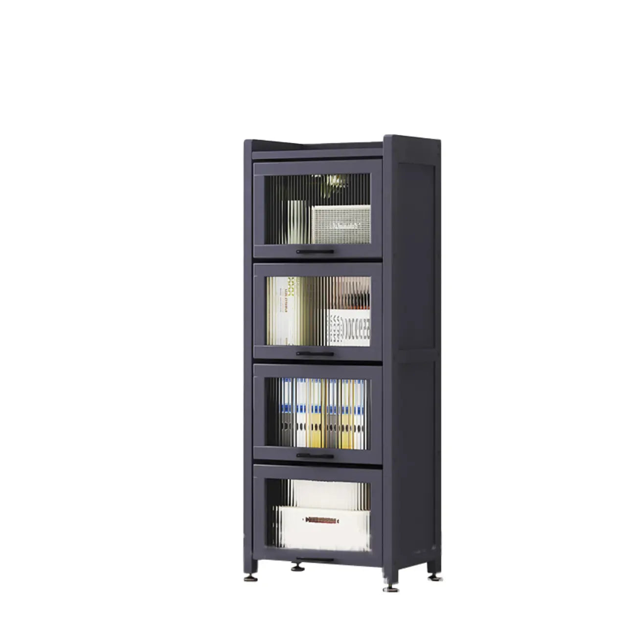 Bibliothèque de rangement étroite en bois gris à 5 niveaux avec portes
