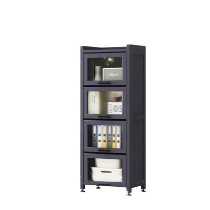 Bibliothèque de rangement étroite en bois gris à 5 niveaux avec portes