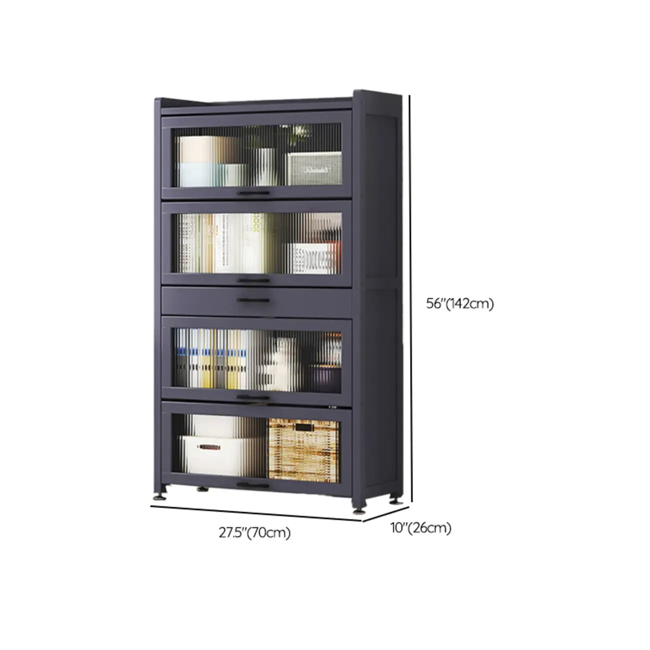 Bibliothèque de rangement étroite en bois gris à 5 niveaux avec portes