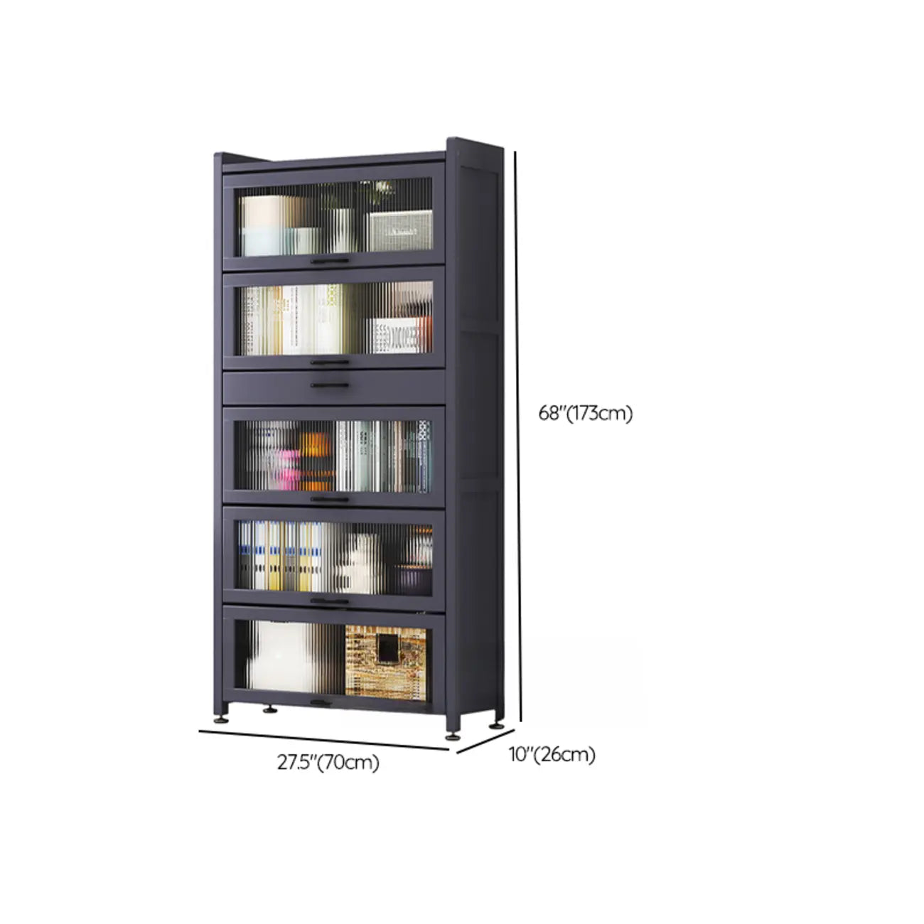 Bibliothèque de rangement étroite en bois gris à 5 niveaux avec portes