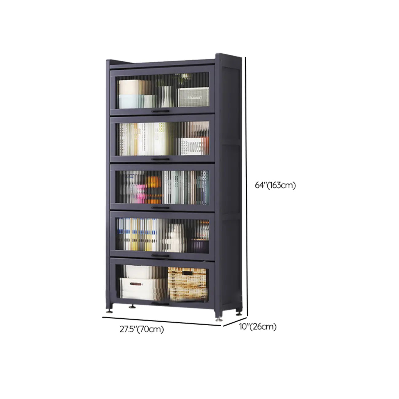 Bibliothèque de rangement étroite en bois gris à 5 niveaux avec portes