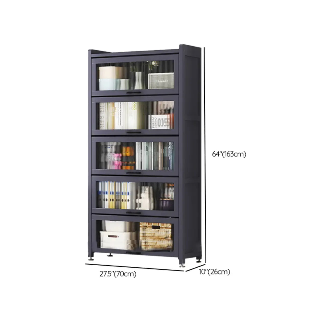 Bibliothèque de rangement étroite en bois gris à 5 niveaux avec portes