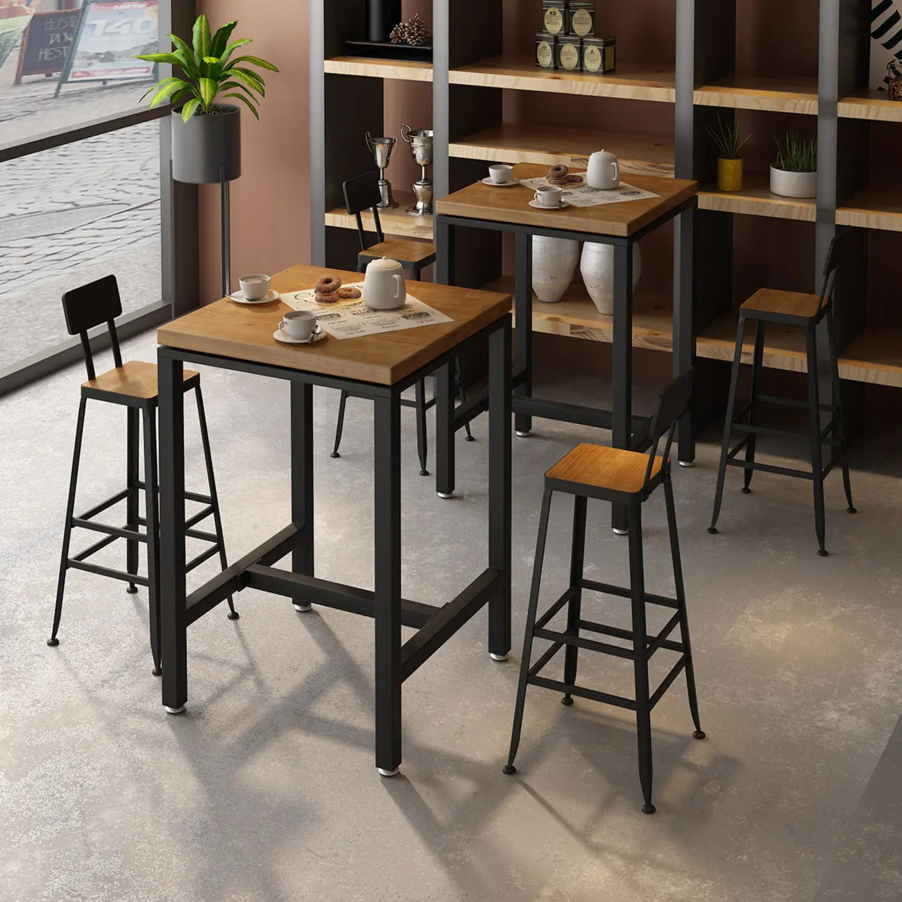 Table de bistrot carrée avec plateau en bois et repose-pieds en fer, plateau carré en bois et table de bistrot.