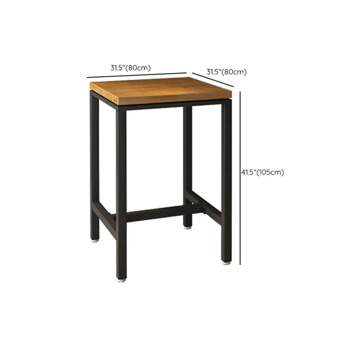 Table de bistrot carrée avec plateau en bois et repose-pieds en fer, plateau carré en bois et table de bistrot.