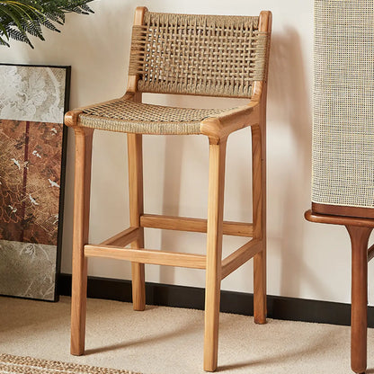 Tabouret de bar scandinave en bois et rotin