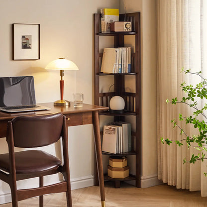 Bibliothèque d'angle ouverte étroite à 5 niveaux en bois brun noyer