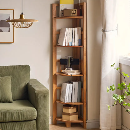 Bibliothèque d'angle ouverte étroite à 5 niveaux en bois brun noyer