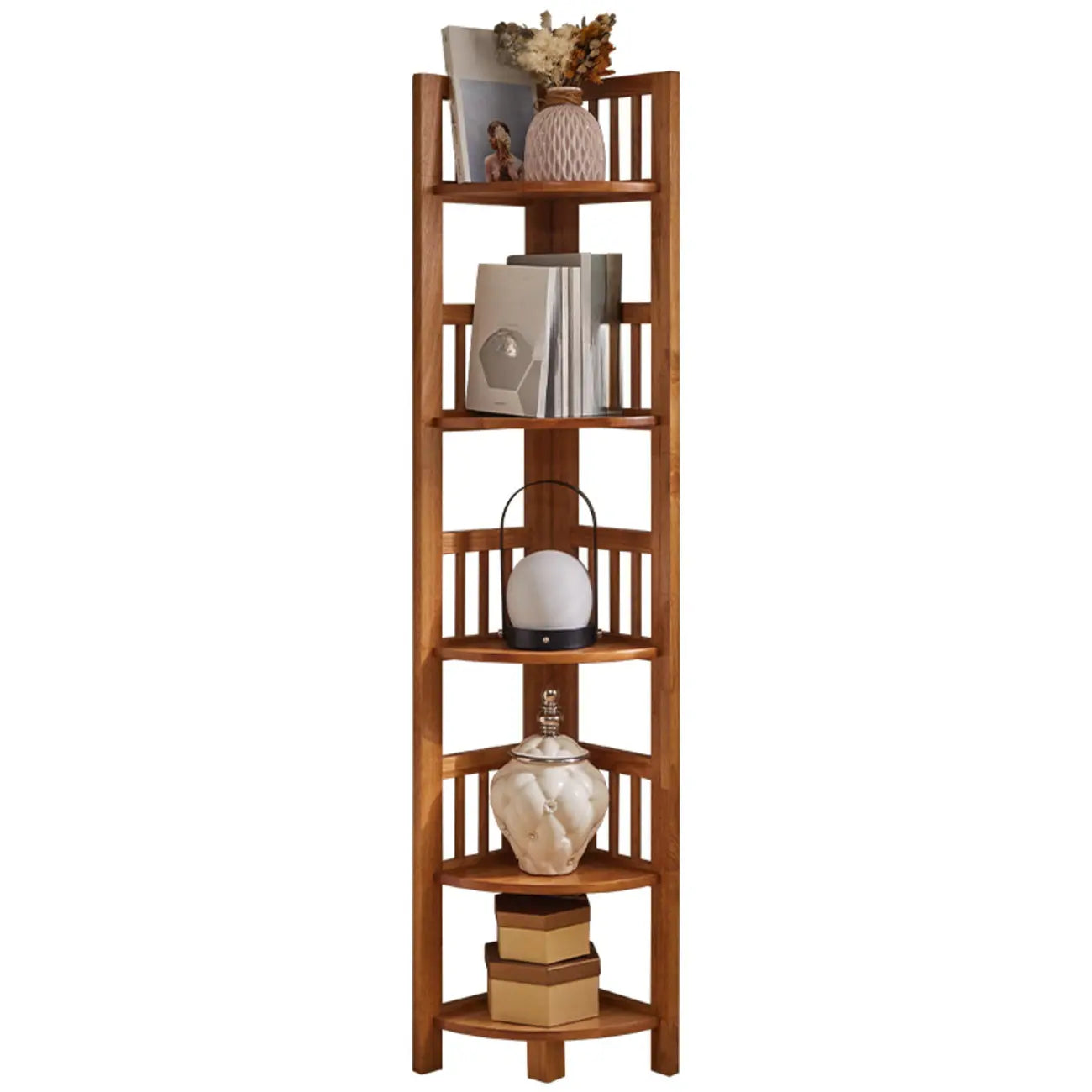 Bibliothèque d'angle ouverte étroite à 5 niveaux en bois brun noyer