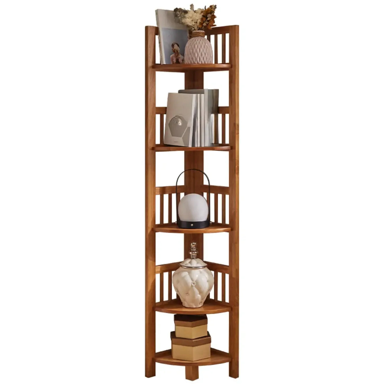 Bibliothèque d'angle ouverte étroite à 5 niveaux en bois brun noyer
