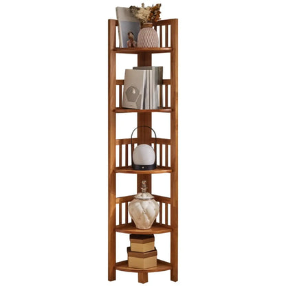 Bibliothèque d'angle ouverte étroite à 5 niveaux en bois brun noyer
