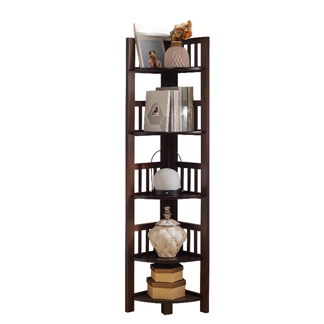 Bibliothèque d'angle ouverte étroite à 5 niveaux en bois brun noyer