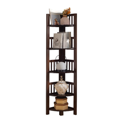 Bibliothèque d'angle ouverte étroite à 5 niveaux en bois brun noyer
