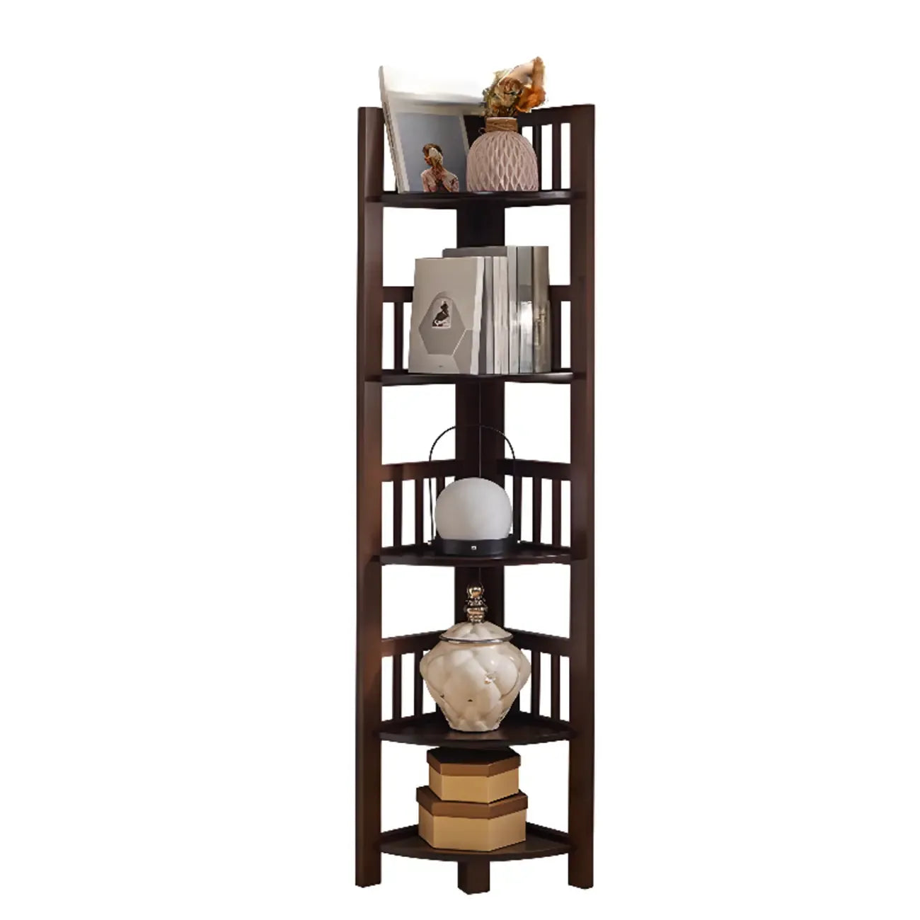 Bibliothèque d'angle ouverte étroite à 5 niveaux en bois brun noyer