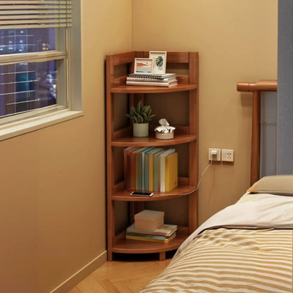 Bibliothèque d'angle étroite à 4 niveaux en bois brun noisette