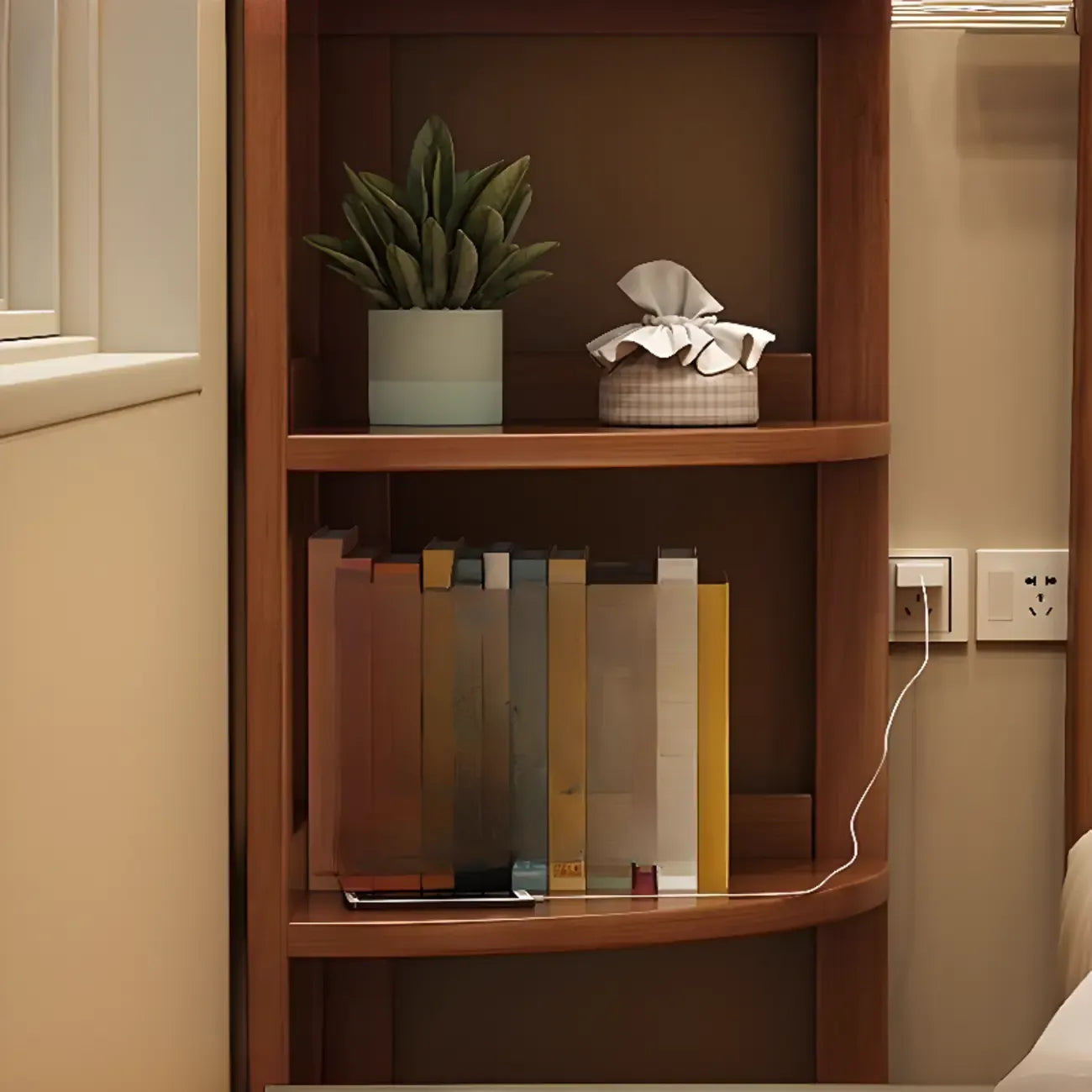 Bibliothèque d'angle étroite à 4 niveaux en bois brun noisette