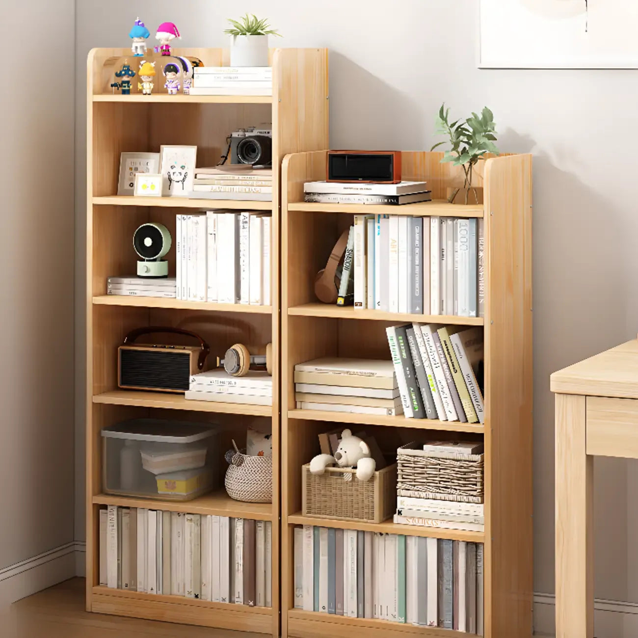 Bibliothèque rectangulaire naturelle à plusieurs niveaux en bois avec dos ouvert