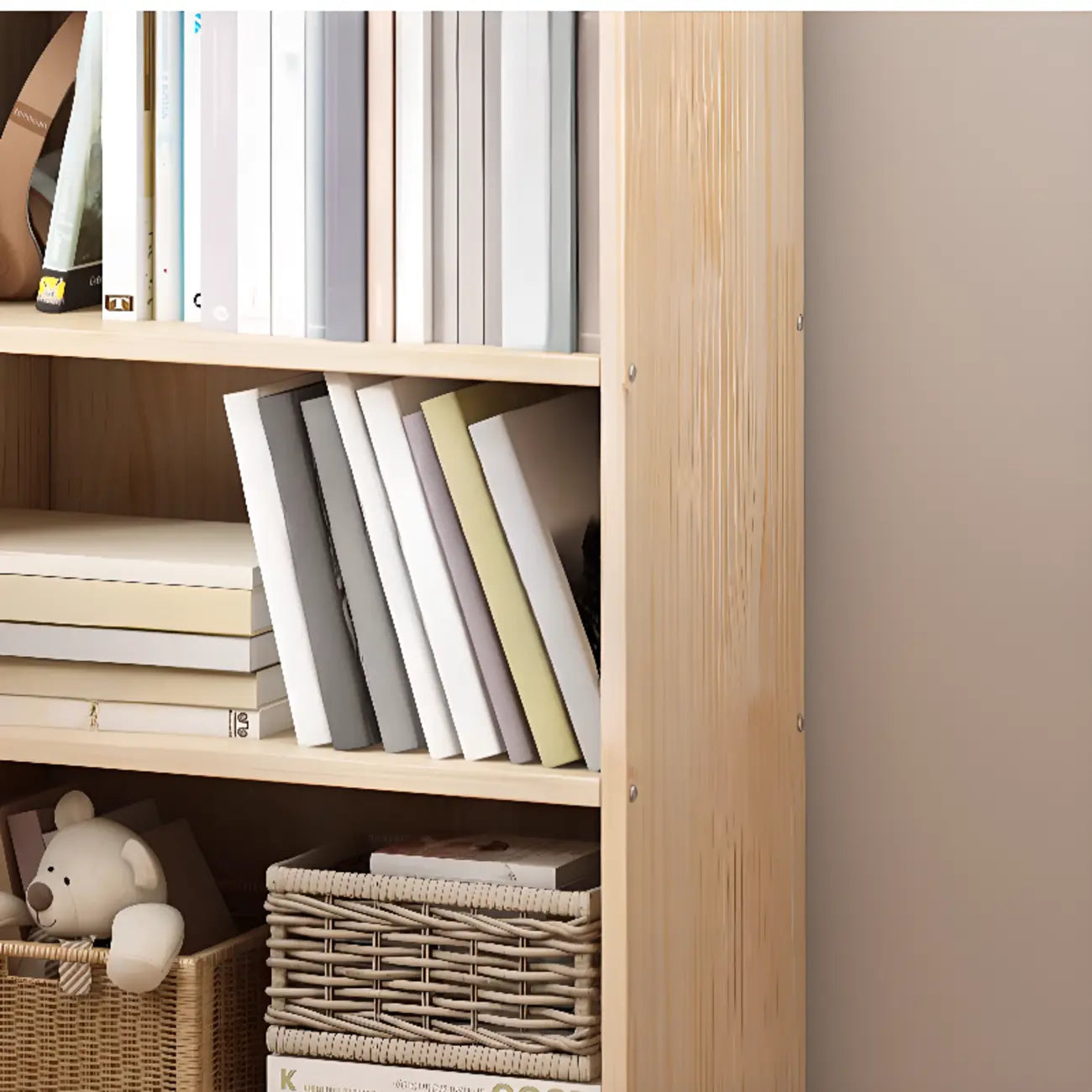 Bibliothèque rectangulaire naturelle à plusieurs niveaux en bois avec dos ouvert