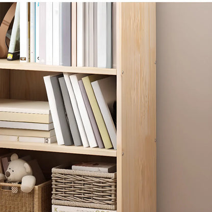 Bibliothèque rectangulaire naturelle à plusieurs niveaux en bois avec dos ouvert