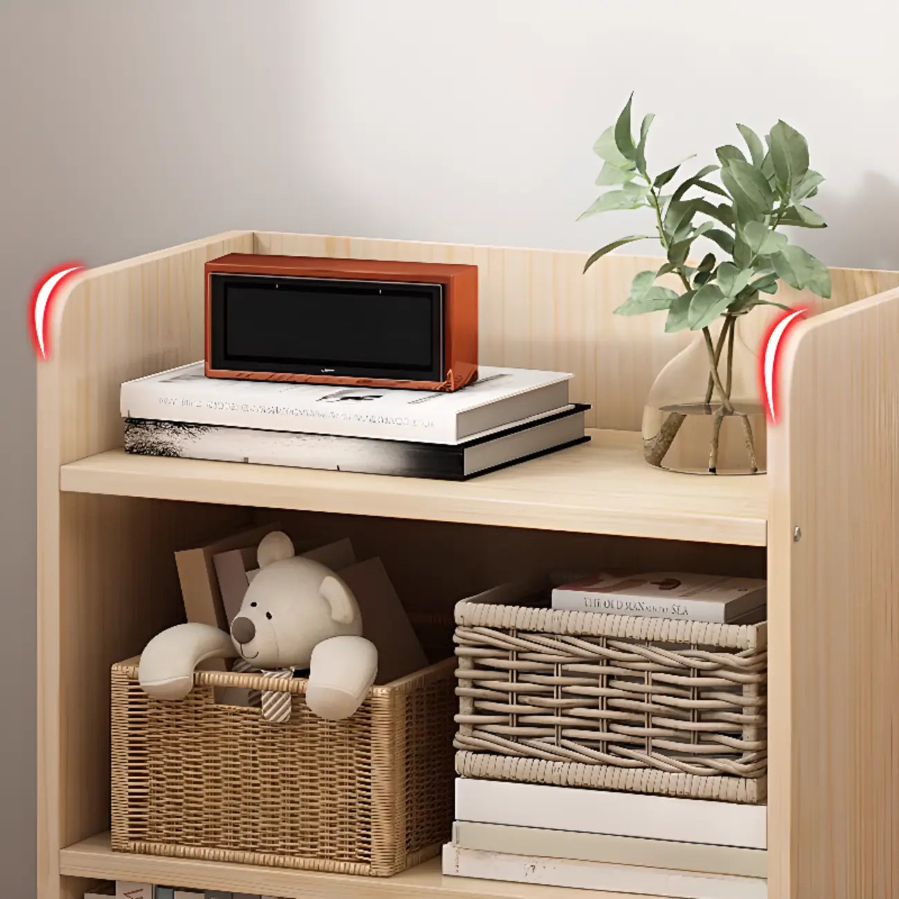 Bibliothèque rectangulaire naturelle à plusieurs niveaux en bois avec dos ouvert