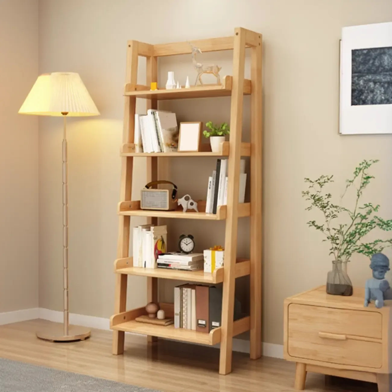 Bibliothèque échelle rectangulaire scandinave en bois à 5 niveaux