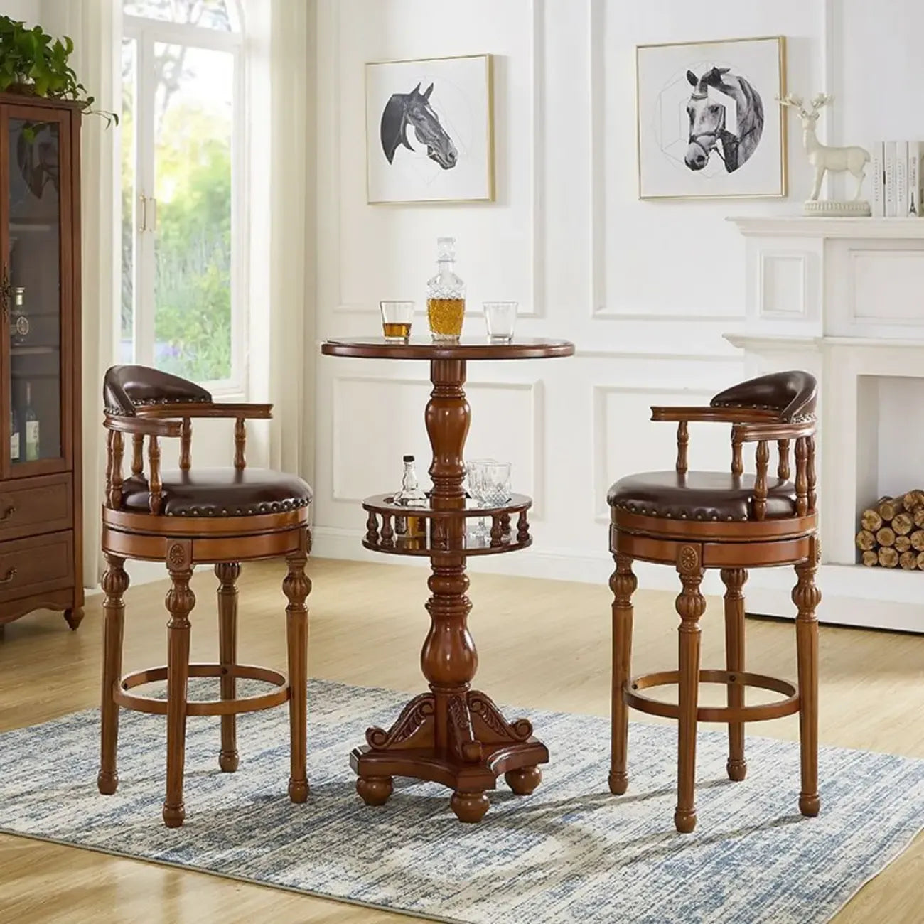 Tabourets de bar traditionnels en bois d'hévéa brun avec coussin