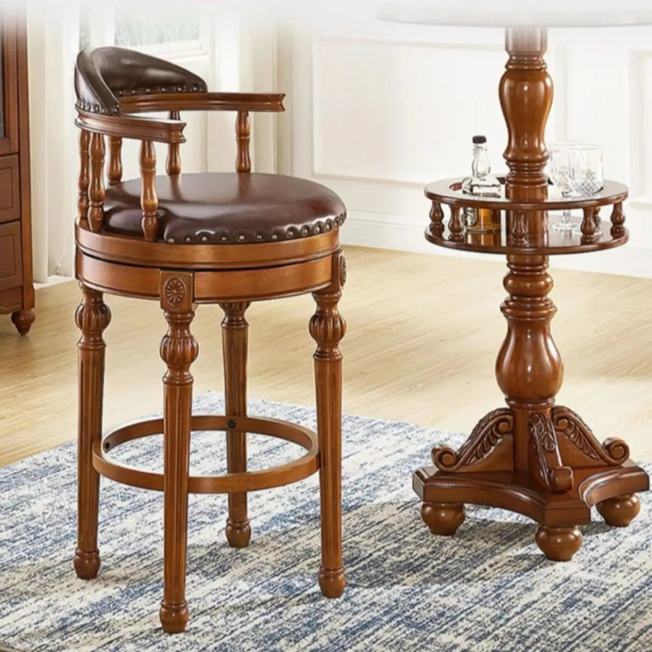 Tabourets de bar traditionnels en bois d'hévéa brun avec coussin