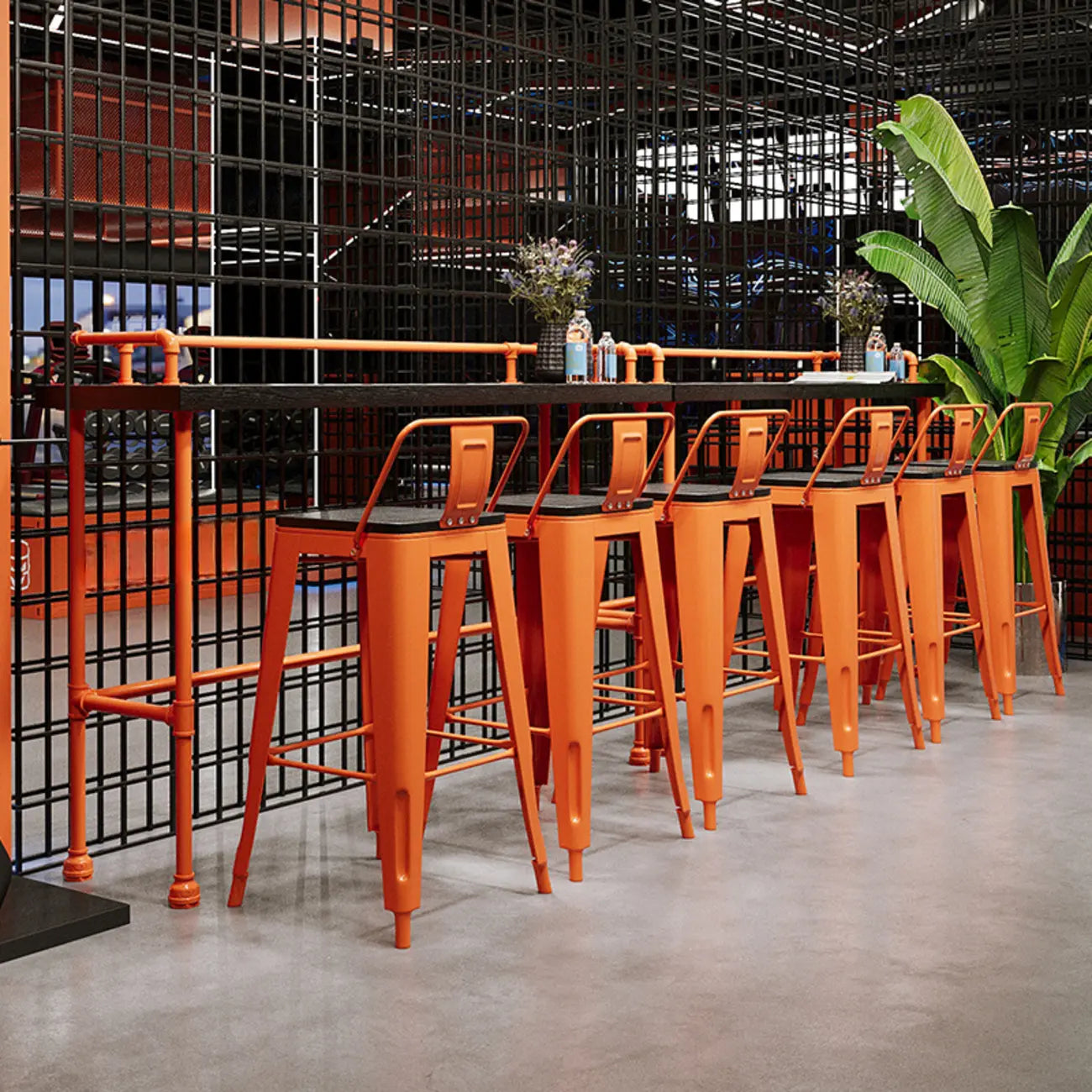 Tables de bar industrielles avec plateau en bois dur noir et structure orange