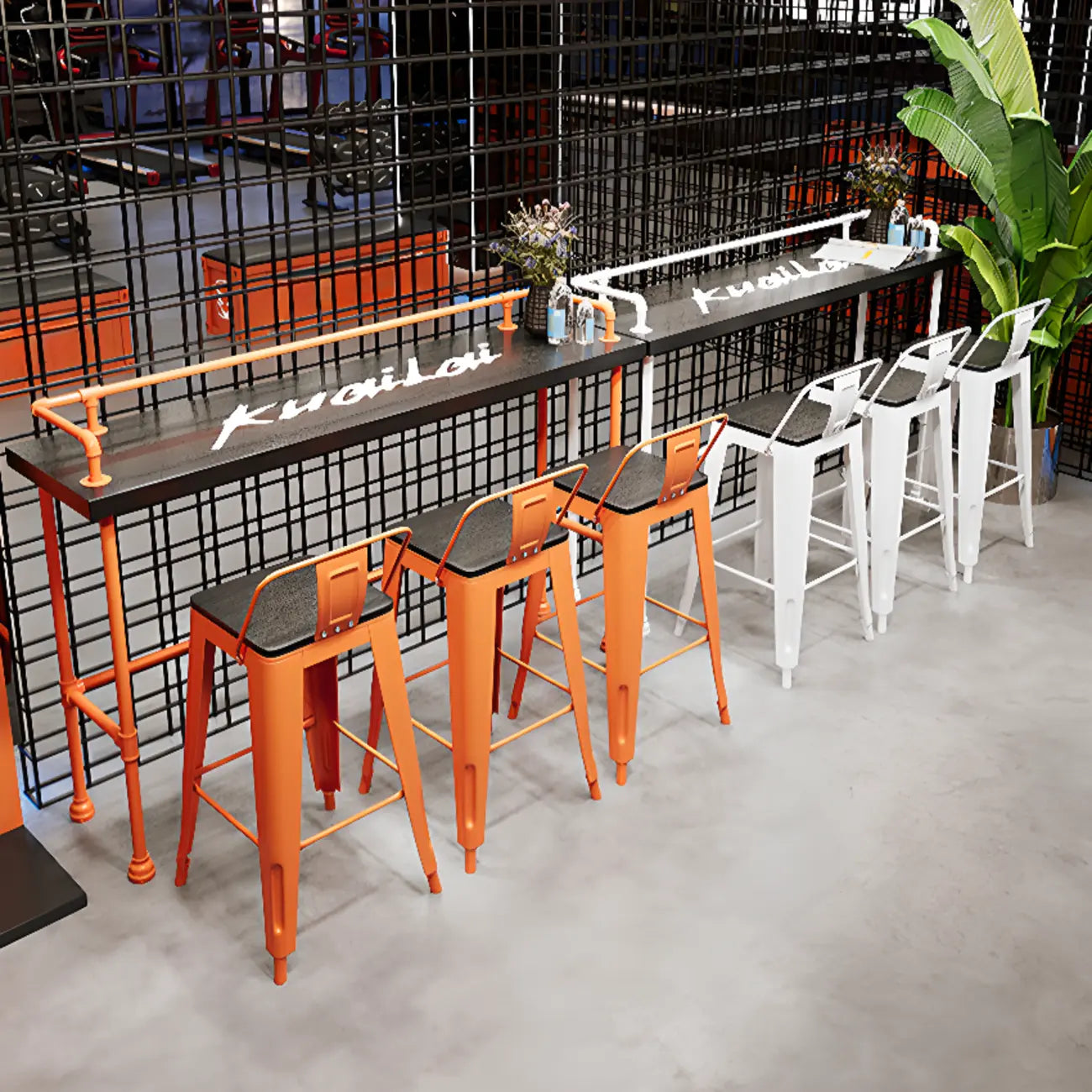 Tables de bar industrielles avec plateau en bois dur noir et structure orange