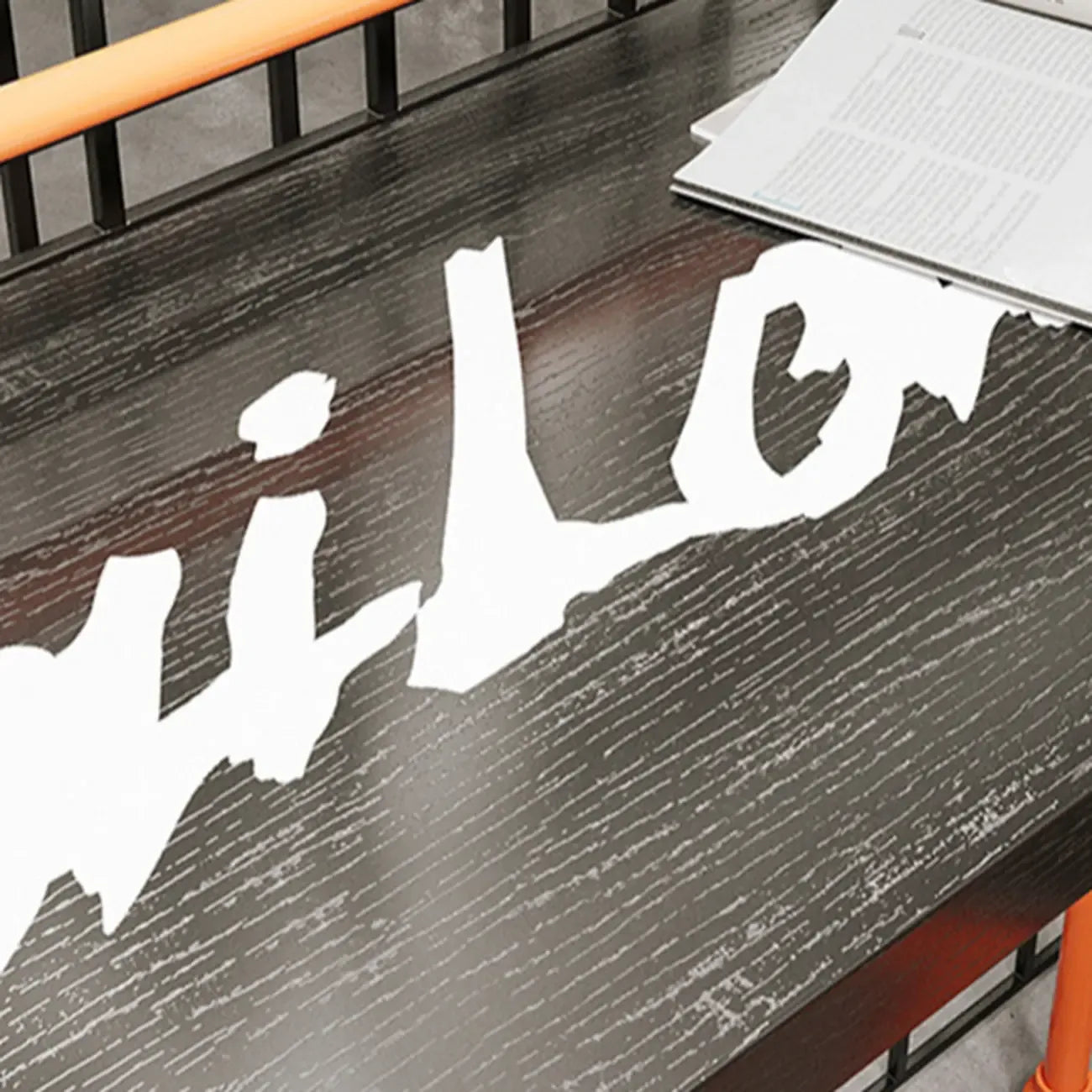 Tables de bar industrielles avec plateau en bois dur noir et structure orange