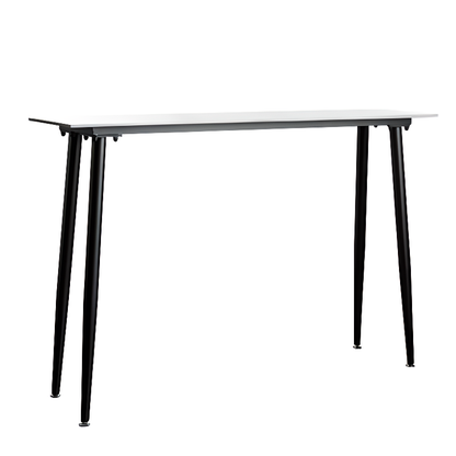 Table de bar moderne avec plateau en travertin gris et pieds en métal, idéale pour la salle à manger.