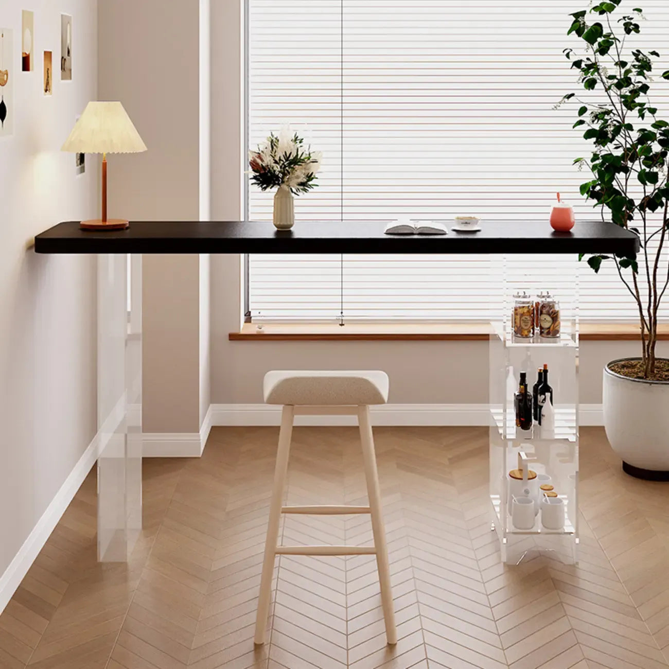 Tables de bar modernes avec plateau en bois noir et rangement en acrylique transparent