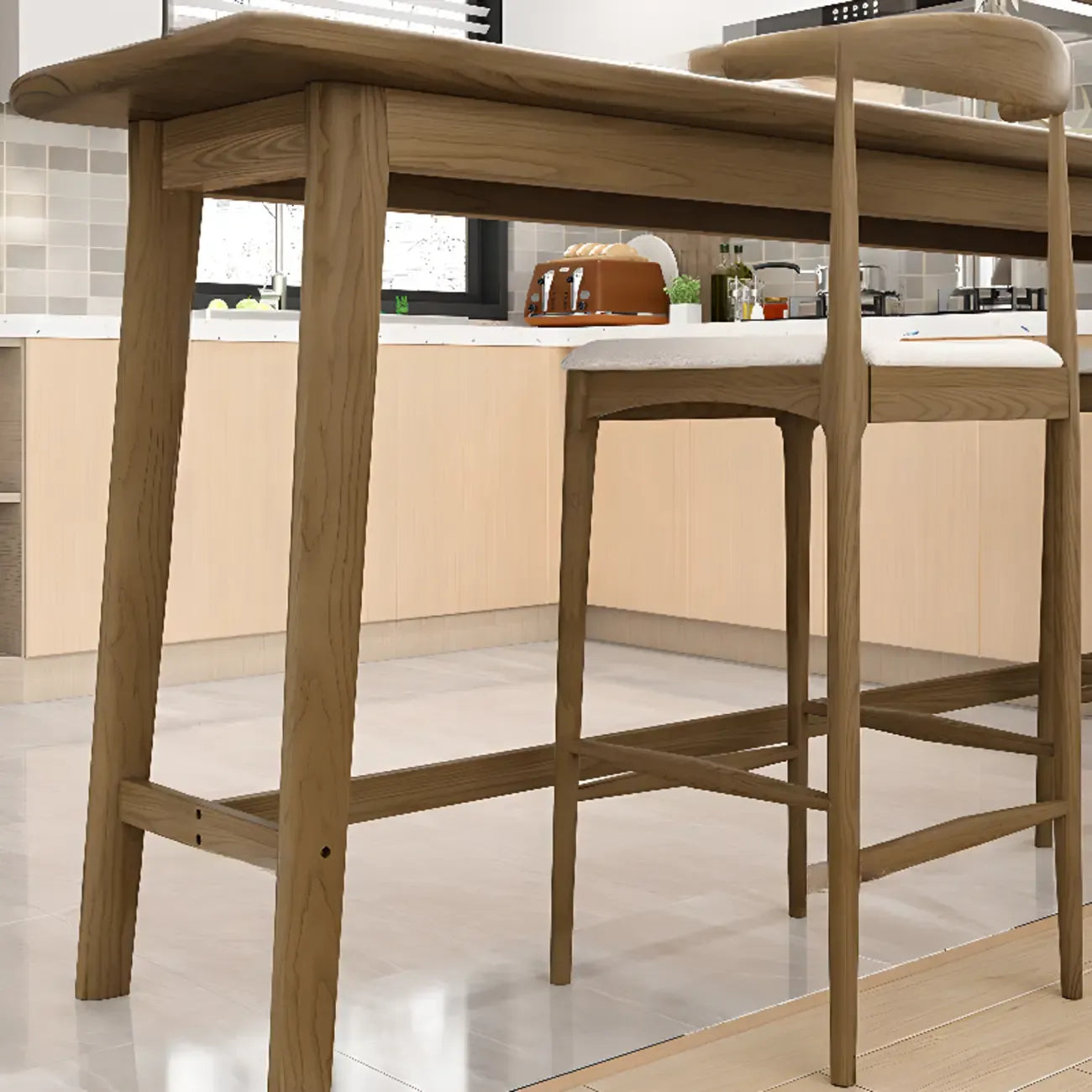 Tables de bar simples en bois brun avec repose-pieds