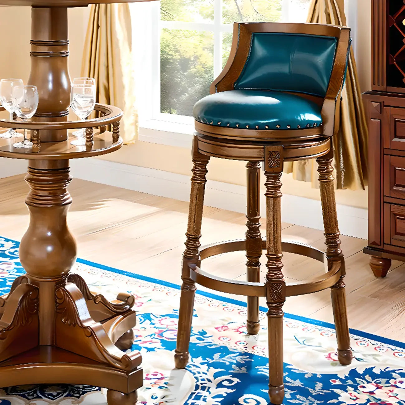 Tabourets de bar ronds pivotants traditionnels en similicuir bleu