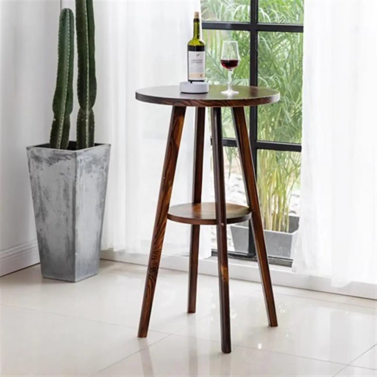 Tables de bar rondes scandinaves en bois d'hévéa avec étagère