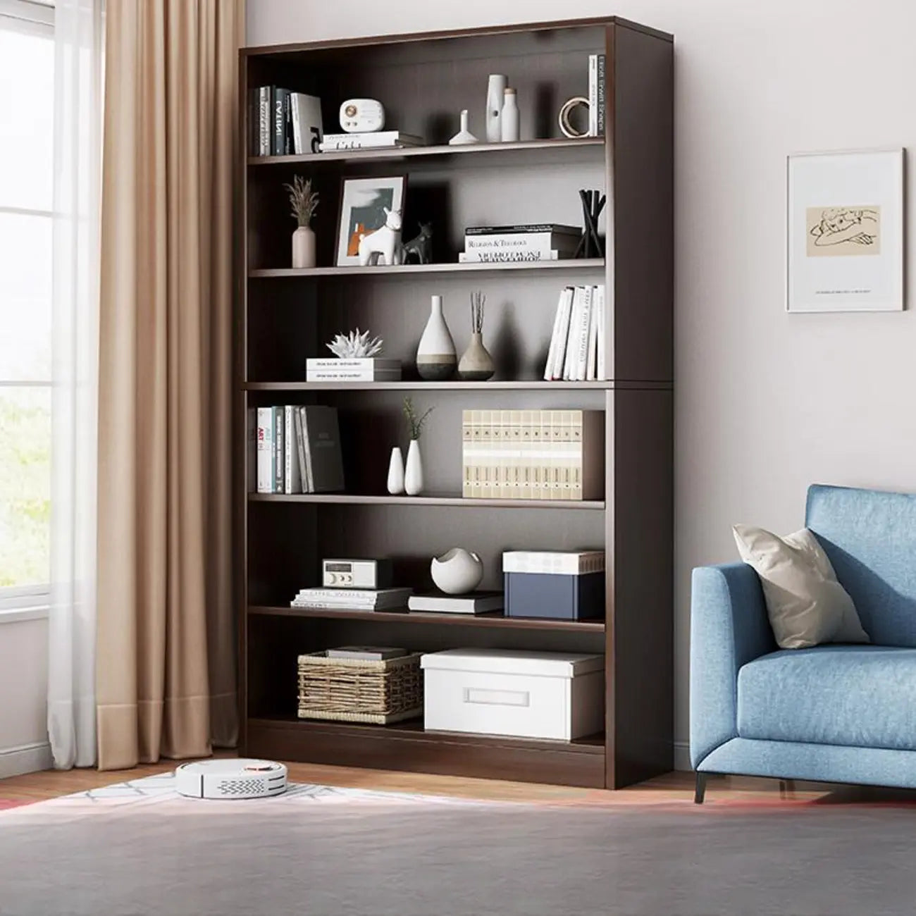 Bibliothèque moderne à plusieurs niveaux en bois brun avec dos fermé