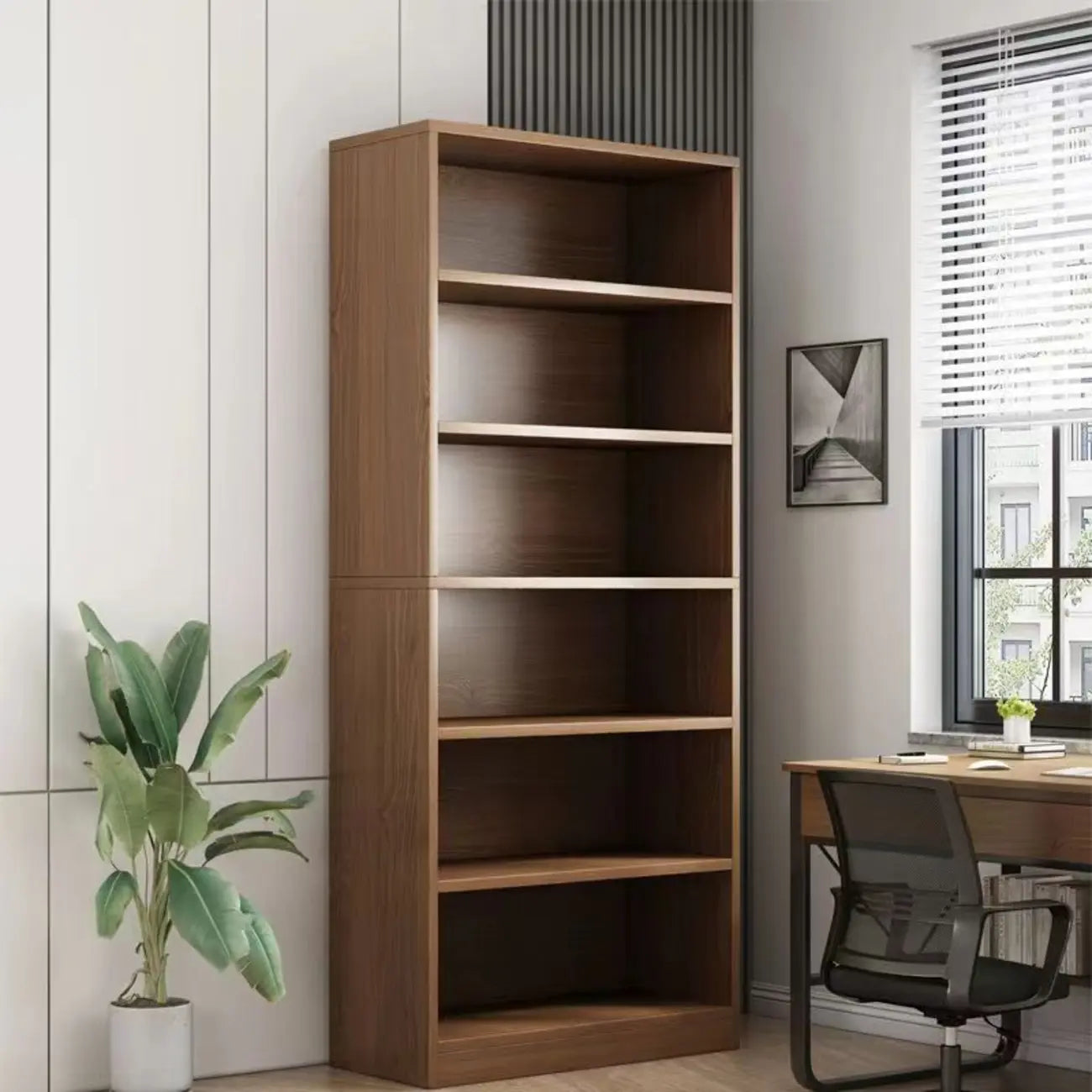 Bibliothèque moderne à plusieurs niveaux en bois brun avec dos fermé