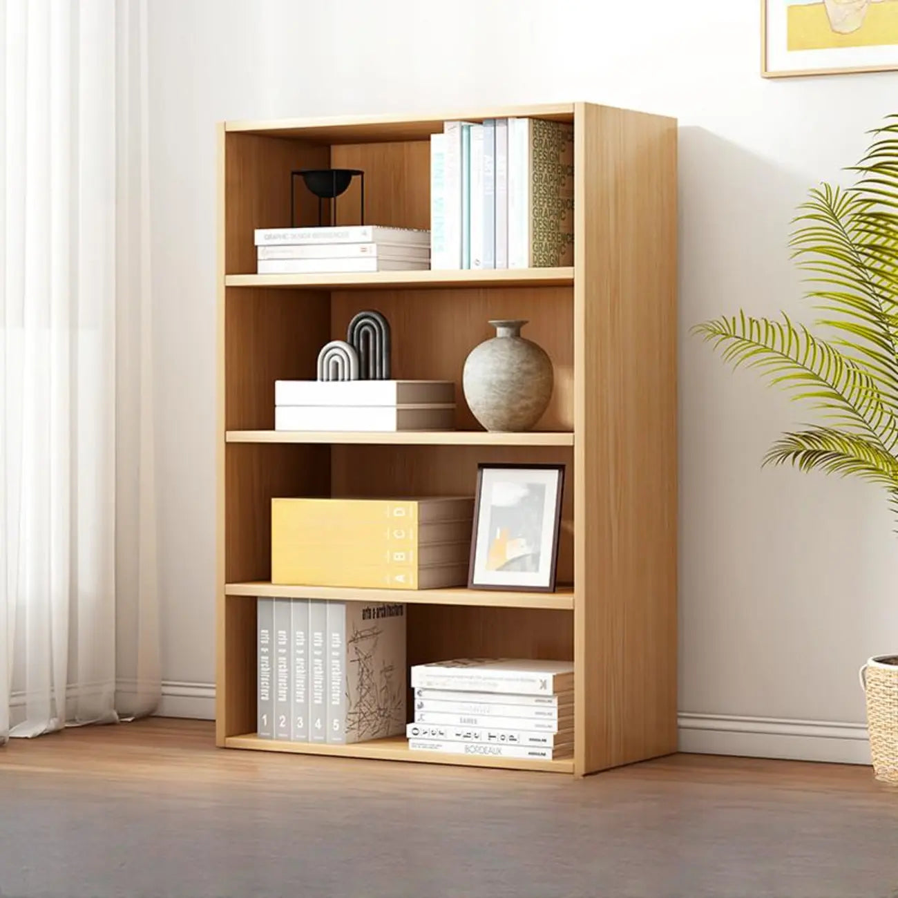 Bibliothèque moderne à plusieurs niveaux en bois brun avec dos fermé