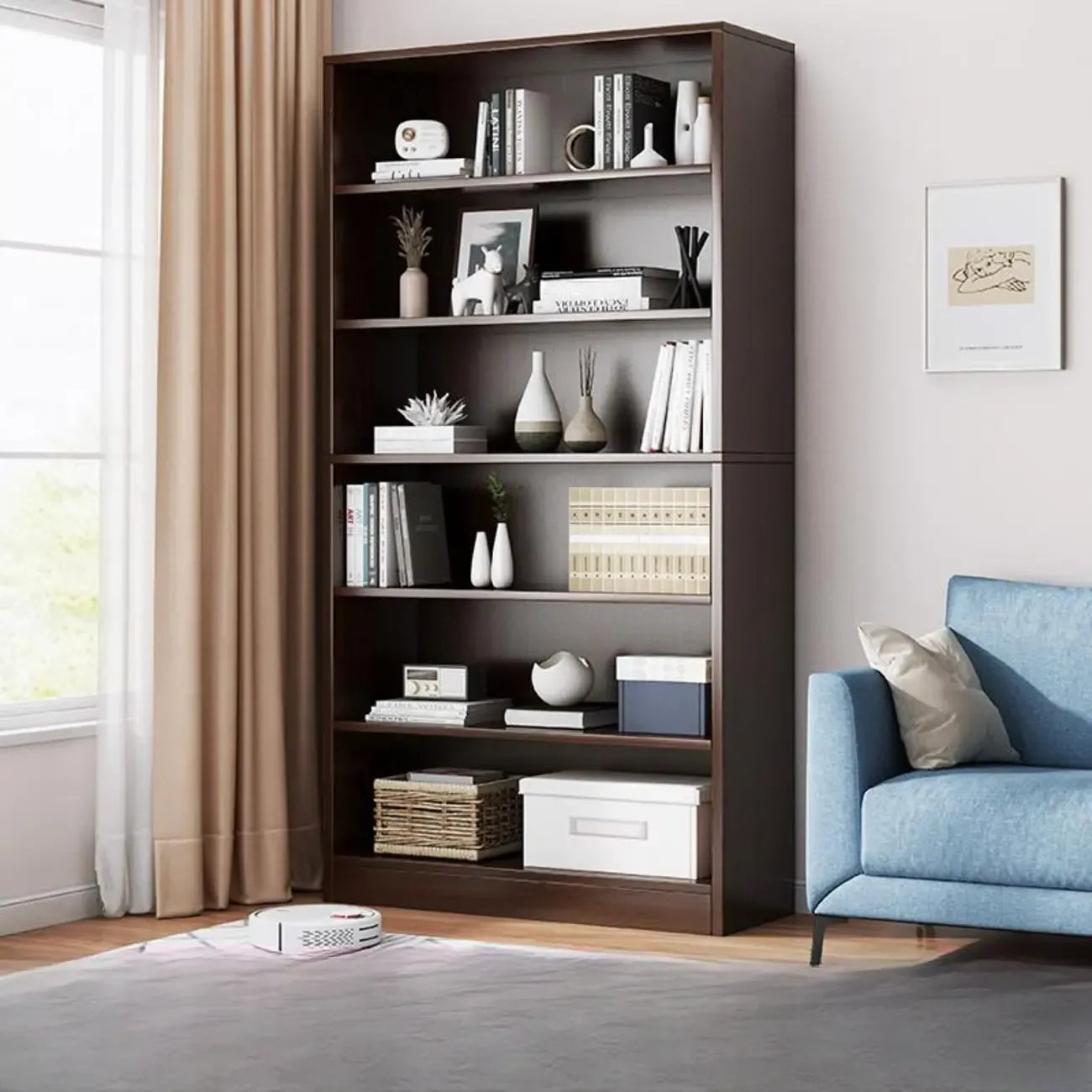 Bibliothèque moderne à plusieurs niveaux en bois brun avec dos fermé