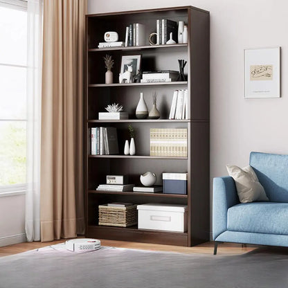 Bibliothèque moderne à plusieurs niveaux en bois brun avec dos fermé