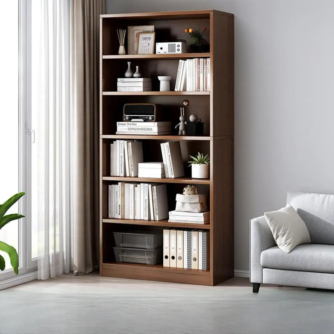 Bibliothèque moderne à plusieurs niveaux en bois brun avec dos fermé