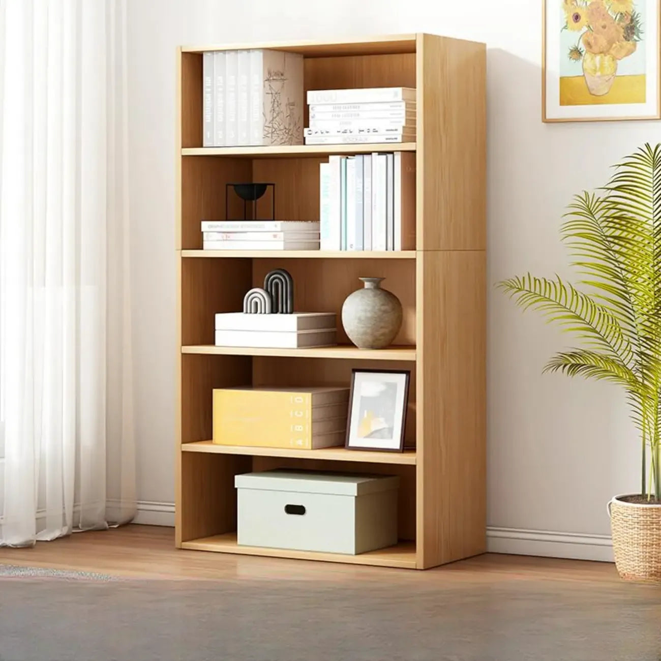 Bibliothèque moderne à plusieurs niveaux en bois brun avec dos fermé