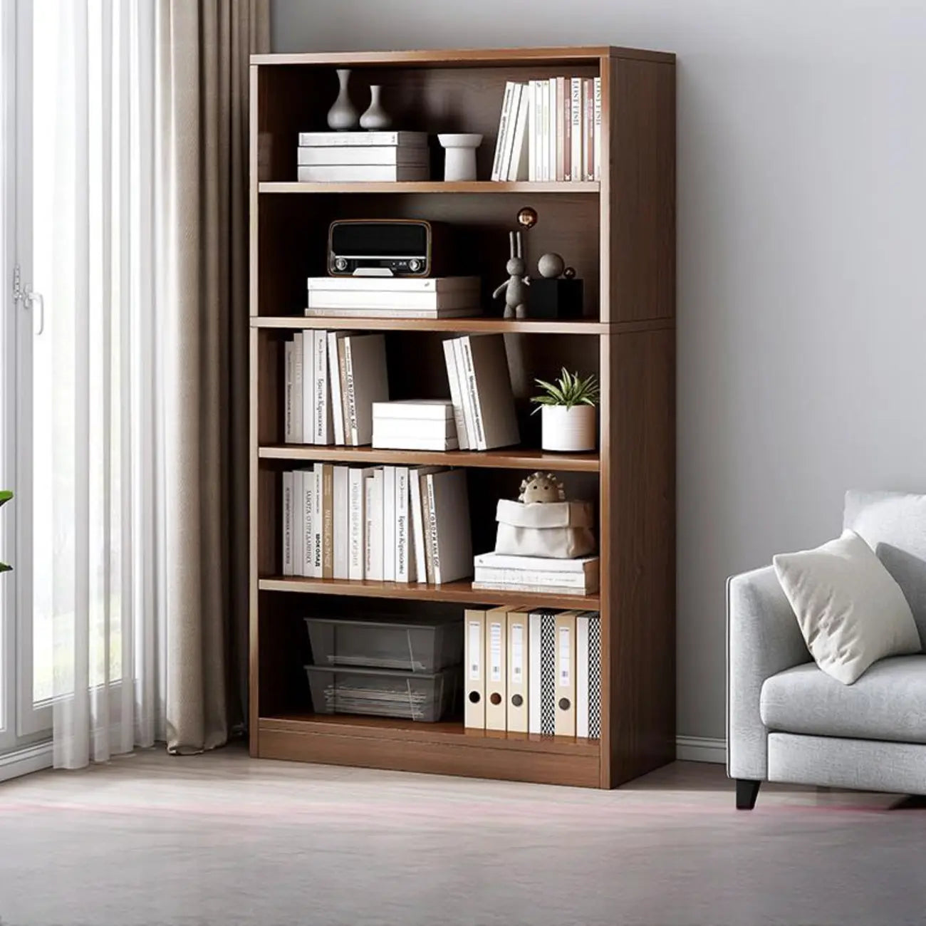 Bibliothèque moderne à plusieurs niveaux en bois brun avec dos fermé