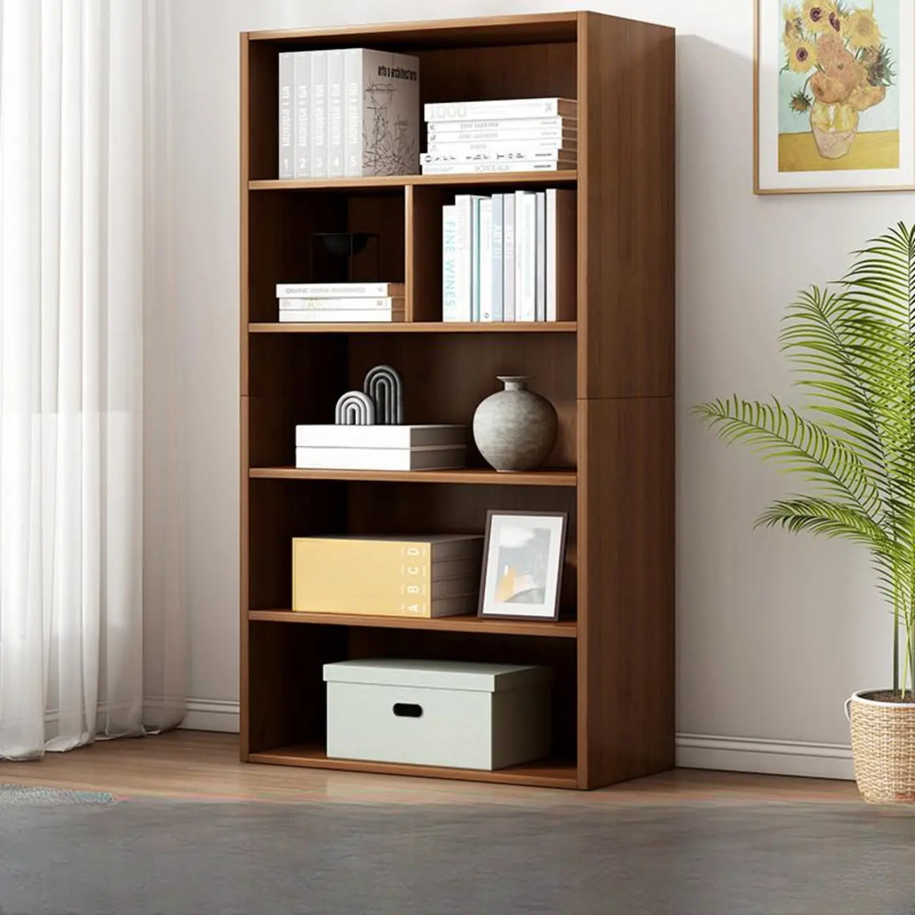 Bibliothèque moderne à plusieurs niveaux en bois brun avec dos fermé