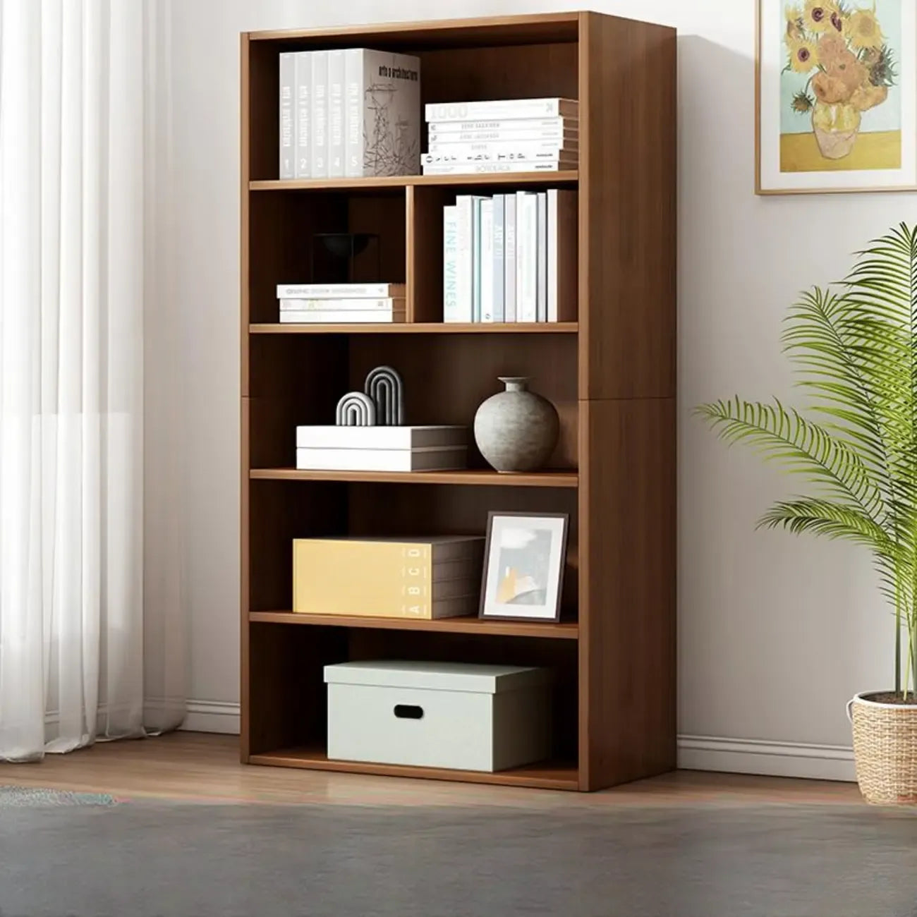 Bibliothèque moderne à plusieurs niveaux en bois brun avec dos fermé
