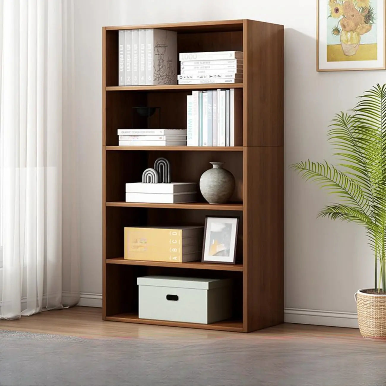 Bibliothèque moderne à plusieurs niveaux en bois brun avec dos fermé