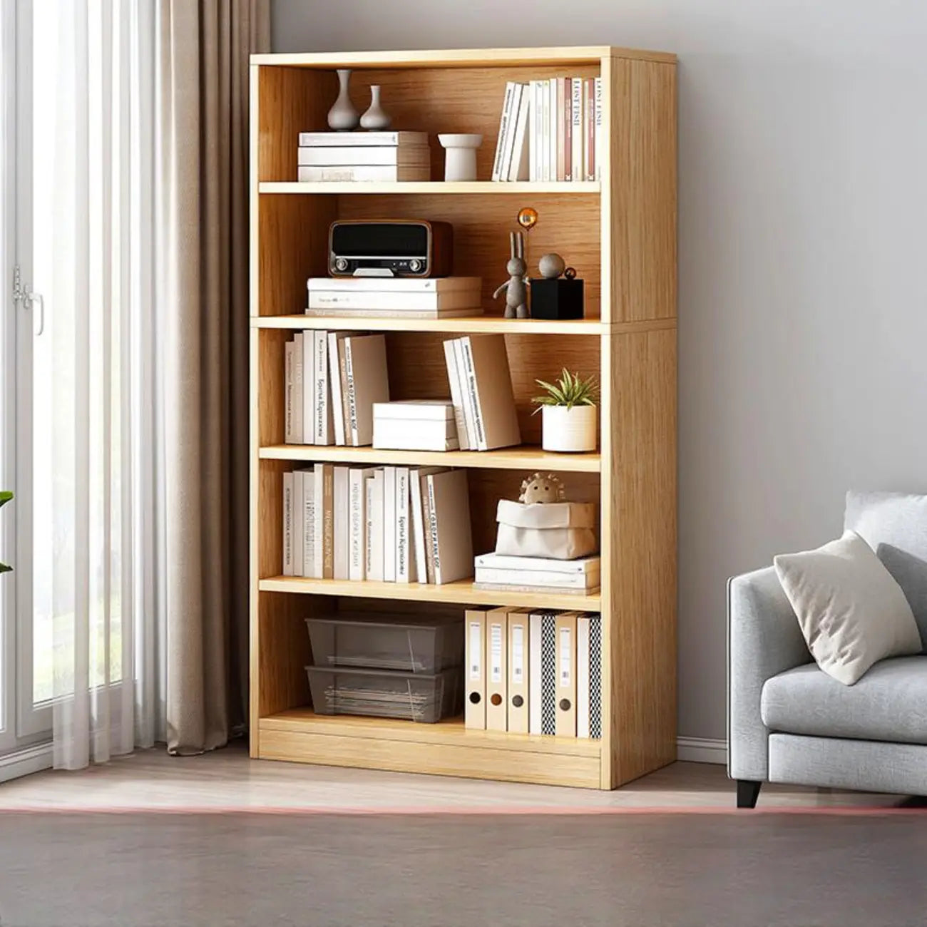 Bibliothèque moderne à plusieurs niveaux en bois brun avec dos fermé