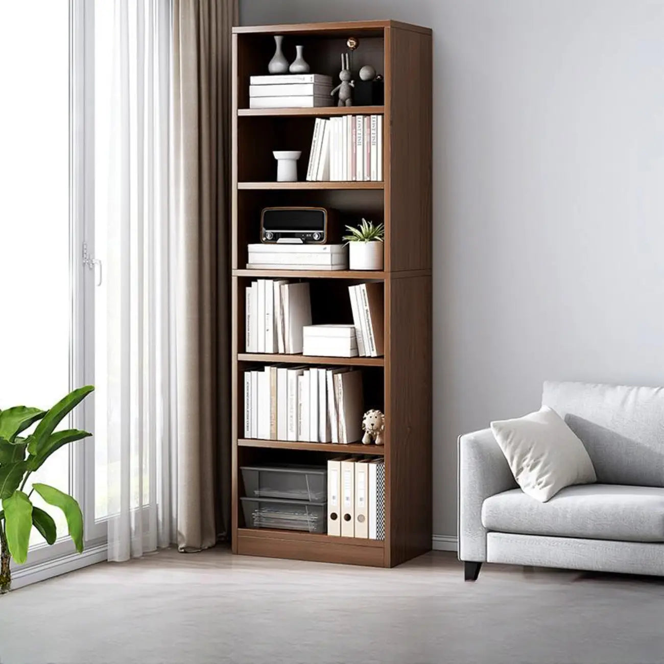 Bibliothèque moderne à plusieurs niveaux en bois brun avec dos fermé