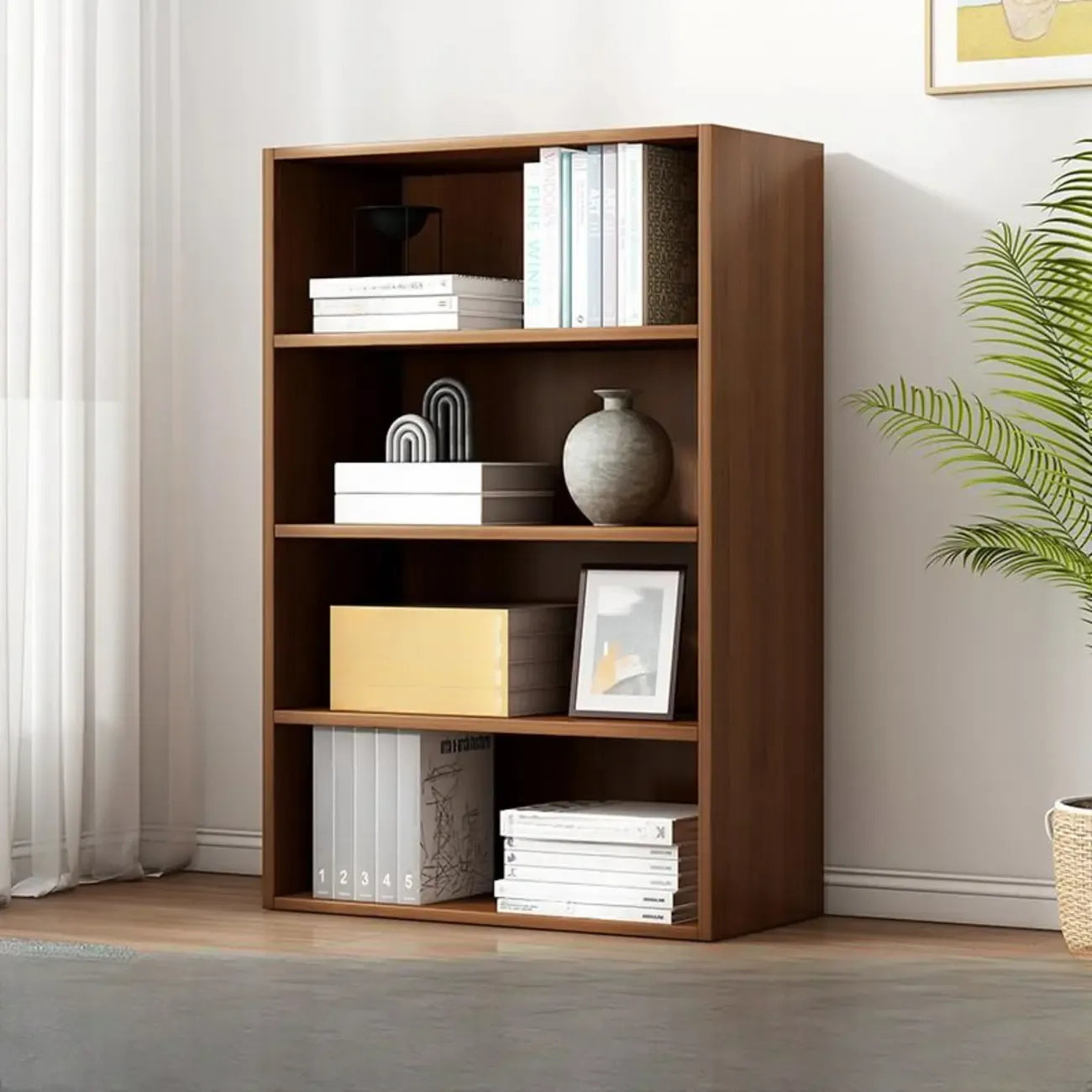 Bibliothèque moderne à plusieurs niveaux en bois brun avec dos fermé