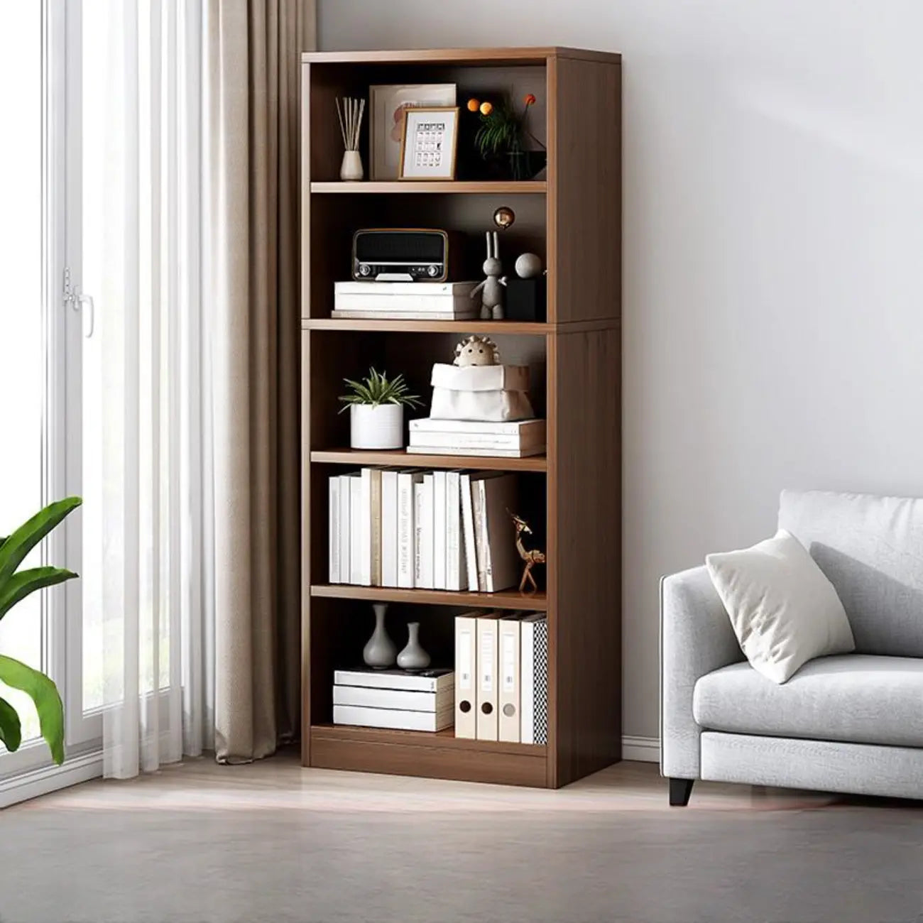 Bibliothèque moderne à plusieurs niveaux en bois brun avec dos fermé